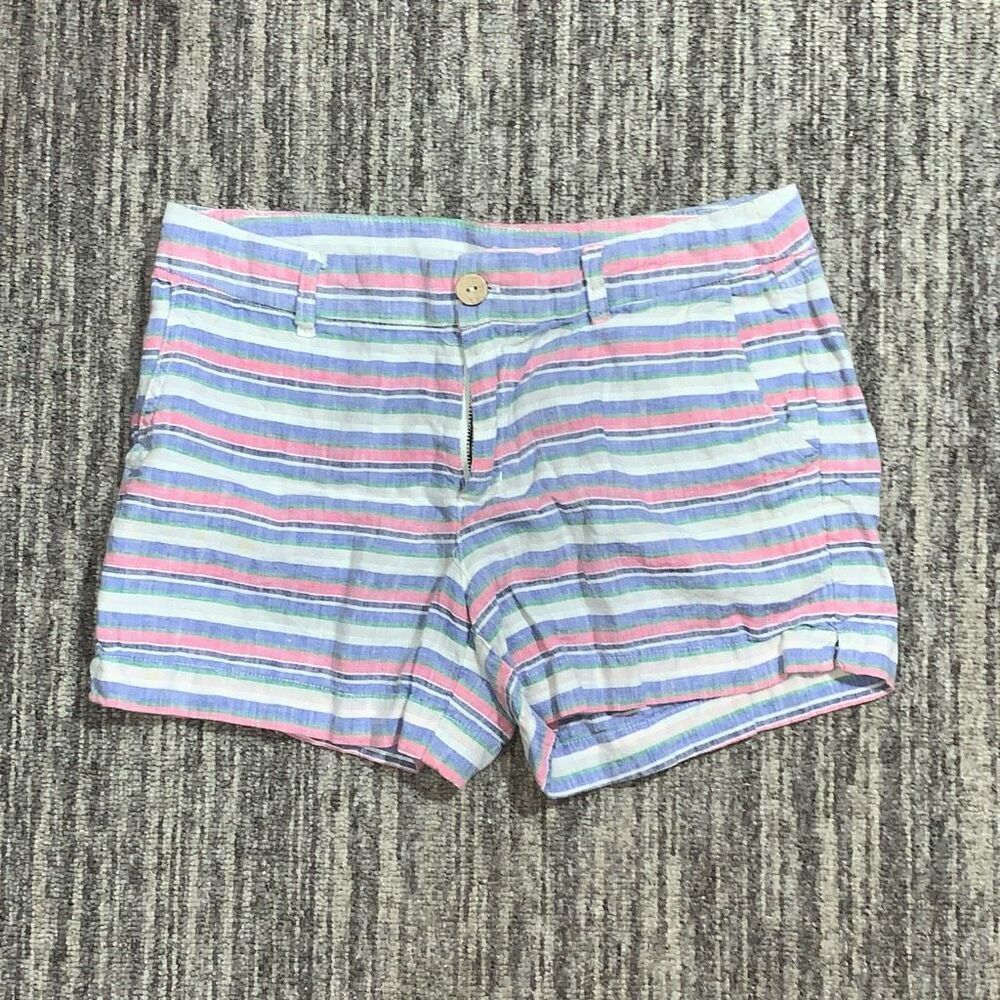 St Tropez West Womens‎ Size 4 Striped 100% Linen Short Shorts Pink Blue White